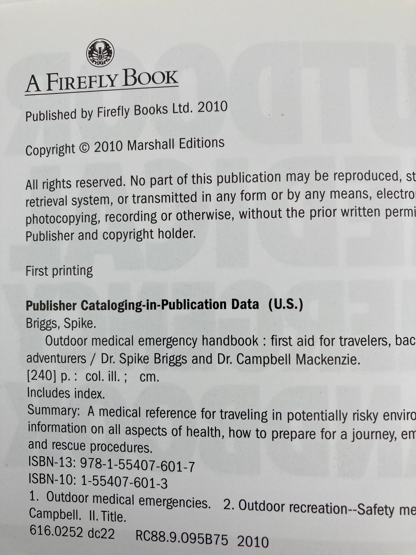 Outdoor Medical Emergency Handbook: First Aid for Travelers, Backpackers, Adventurers