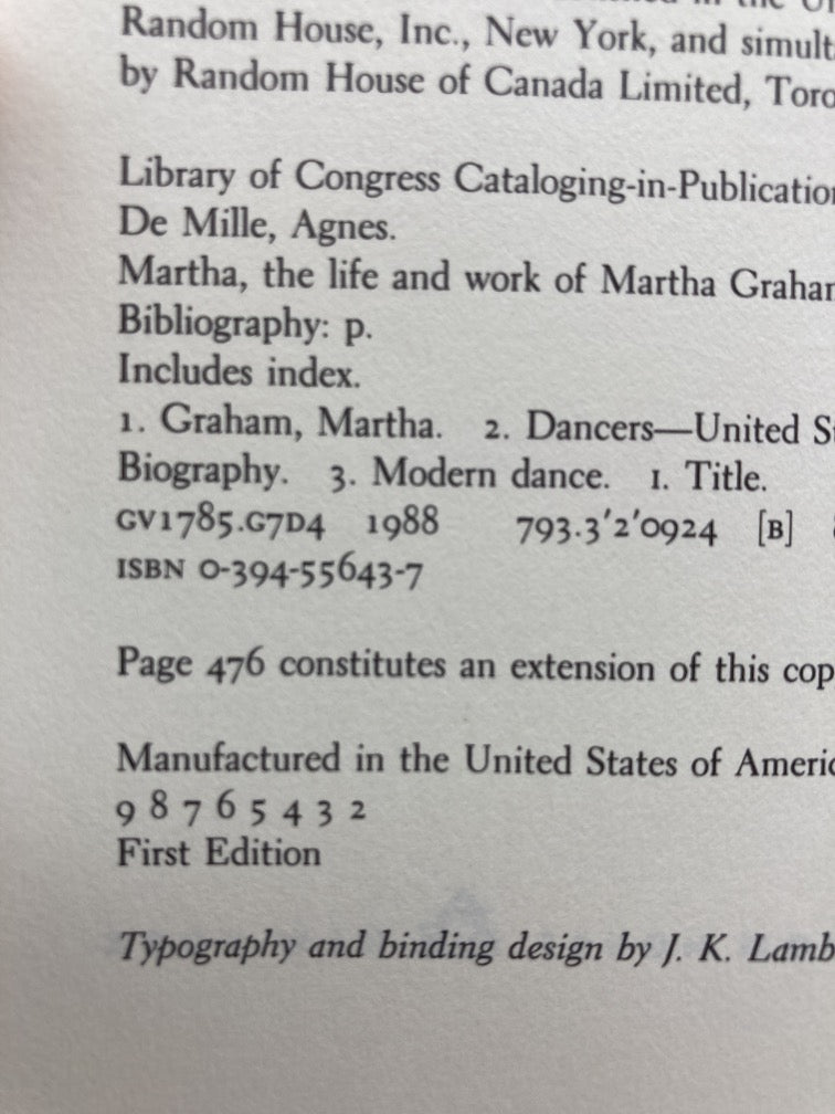 Martha: The Life and Work of Martha Graham (signed by Agnes de Mille)