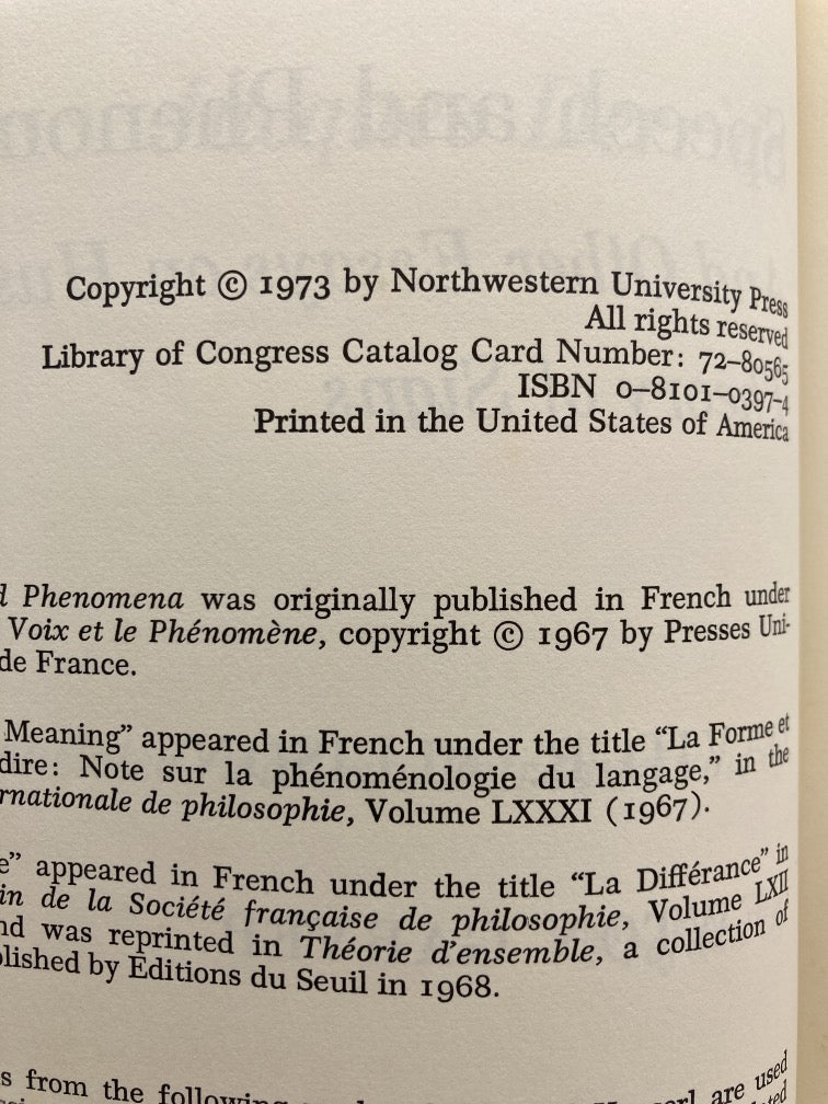 Speech and Phenomena: And Other Essays on Husserl's Theory of Signs