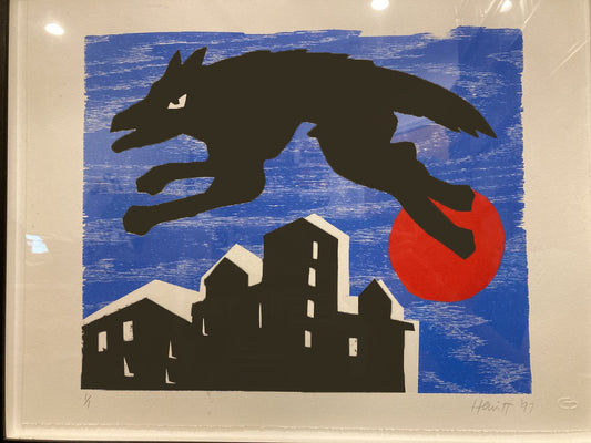 Charlie Hewitt 1/1 Signed Artwork of Wolf/Dog Jumping Over a Cityscape